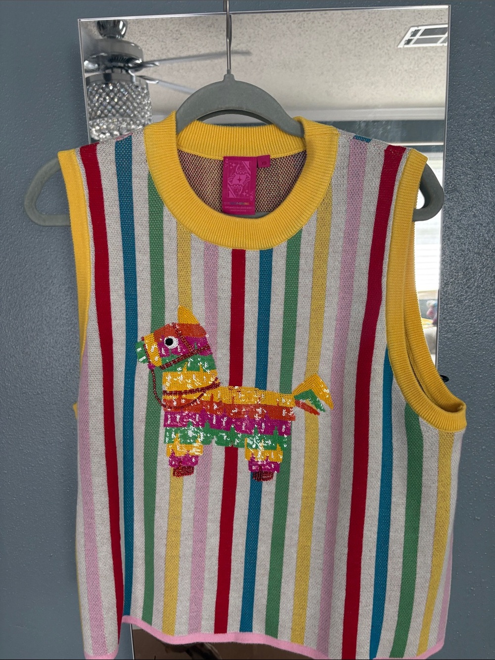 QUEEN OF SPARKLES Yellow-Trim Multicolor Knit Sweater Vest